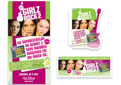 Banner, cartaz, testeira e stopper para lançamento do CD Girlz Rock 2